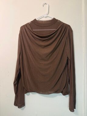 Sheer Brown Mesh Drape Front Mock Neck Long Sleeve Top - XXL
